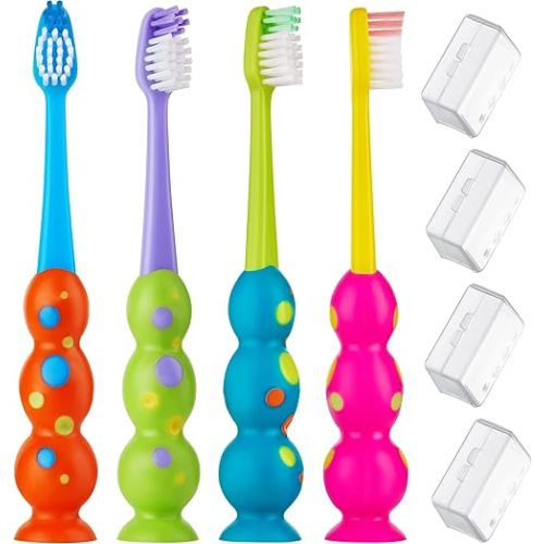 Kids Toothbrush 4 Pack - Soft Bristles with Suction Cup - Toothbrush Kids, Child Sized Brush Heads, 3-10 Year Old Kid Toothbrush with Easy Storage - Toddler, Girl and Boy Set (4-Pack, Multi-Color)