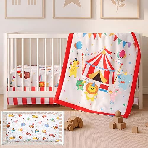 Tiamon 3 Pcs Baby Crib Bedding Set Circus Animals Bedding Set Includes Quilt, Fitted Sheet, Skirt for Boys Girls New Parents Baby Shower Toddlers Gifts Nursery Decor
