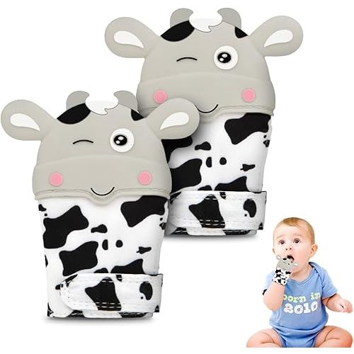 2Pack Silicone Teething Mitt, Cow Baby Teething Toy for 0-6 6-12 Months, Food Grade Silicone Infant Teething Mitten, BPA-Free Baby Chew Toys for Pain Relief, Sucking Needs