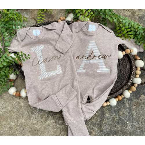 Boy girl twin coming home outfits, mocha brown footed romper, twin baby outfit, baby shower gift, minimalist baby, romper outfit