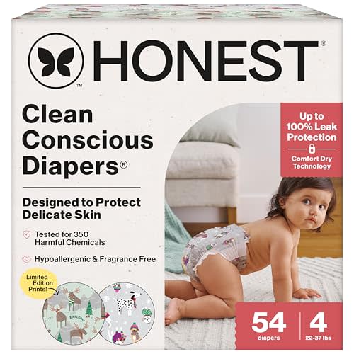 The Honest Company Clean Conscious Diapers for Delicate Skin | Up to 100% Leakproof | Hypoallergenic, Fragrance Free | Winter '25 Limited Edition Prints | Club Box, Size 4 (22-37 lbs), 54 Count