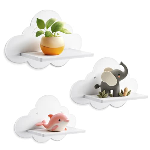 Zyghjort 3 Pcs Floating Cloud Shelves for Wall, 3 Sizes White Nursery Small Wooden Hanging Bookshelf Cute Wavy Cloud Wall Decor for Toys, Books, Figure, Small Crafts Display
