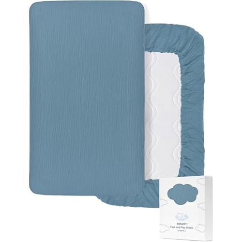 Blue Cotton Pack and Play Sheets Fitted Boy, Muslin Small Pack n Play Mattress Pad Cover, 39"x27" Soft and Breathable Baby Sheets for Pack and Play (46P-06)