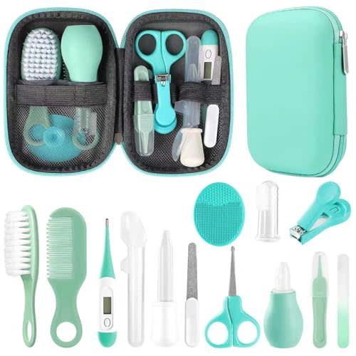 Baby Grooming Kit, Infant Safety Care Set with Hair Brush Comb Nail Clipper Nasal Aspirator,Baby Essentials Kit for Newborn Girls Boys (Green)