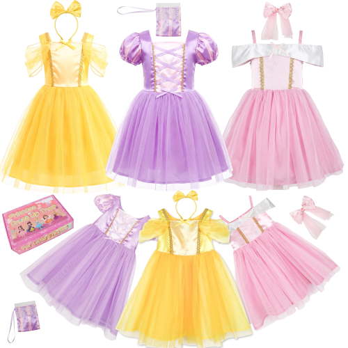 Toddler Girls Princess Dress Up Trunk, 6-Piece Fairy Tale Role Play Costume Set for Kids Birthday Party Sizes 4-6 Years