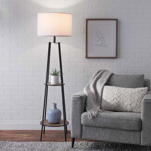 Free Shipping! Mainstays Etagere Floor Lamp 62 inches tall with Matte Black Finish and 2 Wooden Shelves