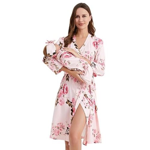 Galabloomer Flower Maternity Robe and Baby Receiving Blanket, Matching Mommy Labor Delivery Robe and Swaddle Set