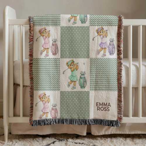 Personalized Golf Baby Girl Blanket Vintage Sport Bear Woven Throw Custom Name Nursery Blanket Heirloom Baby Shower Gift For Girls