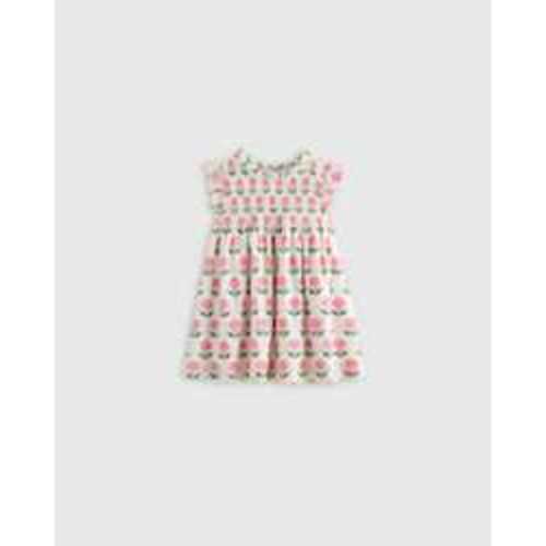 100% Organic Cotton Poplin Smocked Flutter Sleeve Dress - Baby Girl in Pink Woodblock Floral 6-9 months