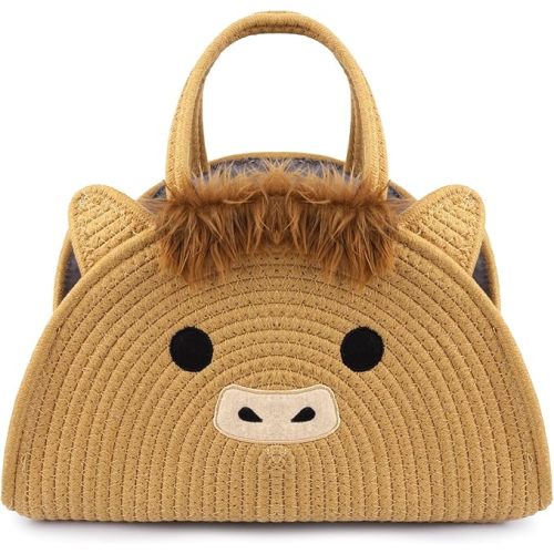 Highland Cute Cow Baby Diaper Caddy Organizer, Woven Cotton Rope Basket | for Nursery, Portable Diaper Caddy Empty Gift Basket, Baby Wipes Shower Towels Storage Bins for Newborn Essentials