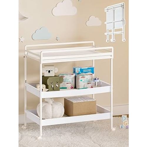 VBABY Foldable Baby Changing Table with Wheels, Certified Diaper Changing Station with Storage Drawers, 3 in 1 Portable Compact Diaper Table for Nursery, White