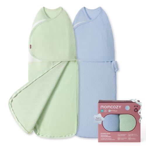 Momcozy Airflow Baby Swaddle, 100% Cotton Light & Breathable, 0-3Months | Swaddles for Newborns, Ideal for Hot Sleepers, Reduce Startle Reflex, Baby Boys Girls Registry Essentials, 2-Pack, Sea Mist