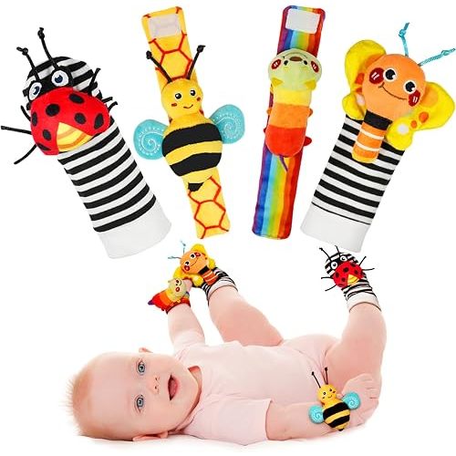 Infinno Wrist Rattles and Foot Finder Socks Set, Baby Toys for 0-12 Months
