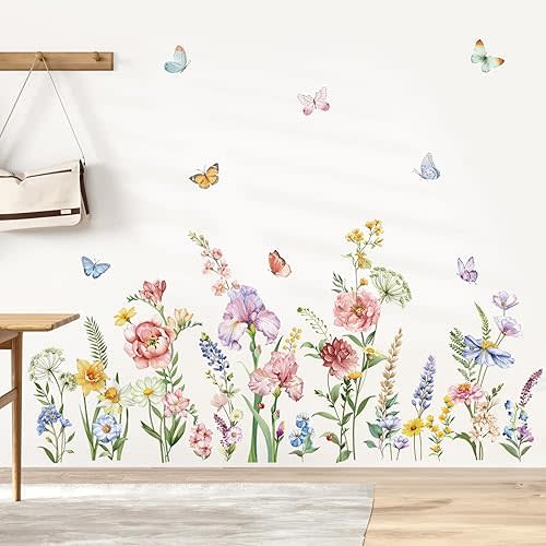 decalmile Spring Garden Flower Wall Stickers Wildflower Iris Butterflies Wall Decals Living Room Girls Bedroom Baby Nursery Wall Decor