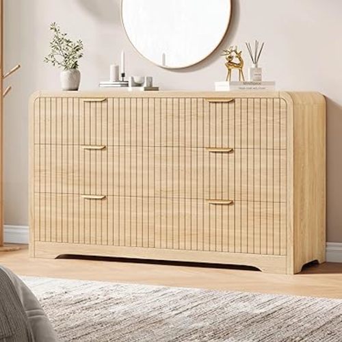 Modern 6 Drawer Dresser, 47" Wide Wood Dressers & Chests of Drawers Curved Profile Design, Mid Century Modern Fluted Dresser for Bedroom, Living Room, Natural Oak