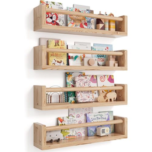Nursery Wall Bookshelf Set of 4, Floating Bookshelves for Kids' Rooms, Toddler Bedroom Decor, Nursery (Wood, 16.5 Inches)