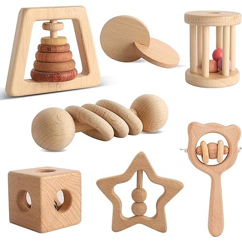 Wooden Rattles for Baby, 7PCS Wooden Montessori Toys for 7-24 Months Baby Boy Girl, Natural Beech Wood Grasping Toy, Gift for Babies