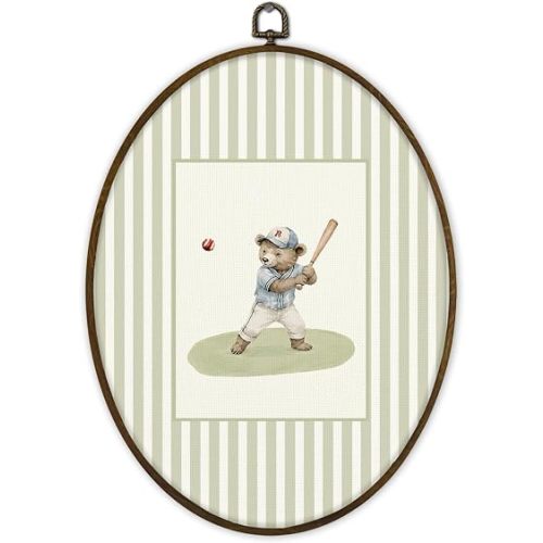 Gnmduw Baseball Bear Sports Nursery Oval Wall Art Framed Decor, 8.7x11.3