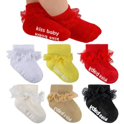 Baby Girl Ruffle Socks with Grips Turn Cuff Ankle Lace Frilly Dress Socks for Newborn/Infant/Toddler/Little Kids