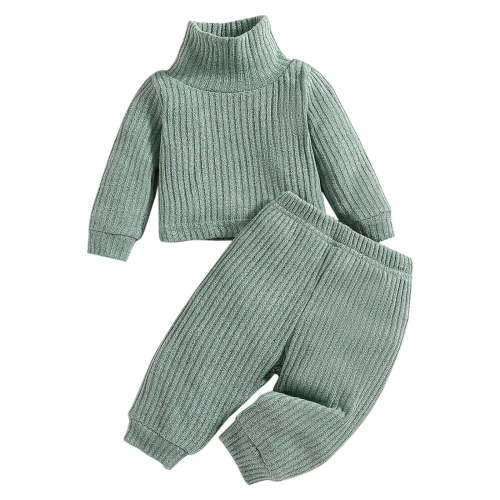 Girls Clothes Summer Kids Outfit Soft Cotton Warm High Neck Solid Color Long Sleeve Pullover Pants Clothes Set For Boys Or Girls Green, 3-6 Months