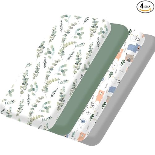 Bimocosy Pack and Play Sheets Fitted 4 Pack, 38 x 26 Inch Pack n Play Mini Crib Sheets for Boys and Girls, Soft Stretchy Playard Mattress Sheets for Graco Pack n Play, Forest Cubs