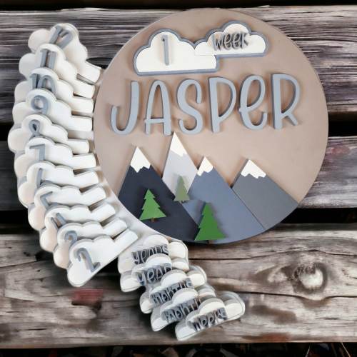 Personalized Newborn Milestone Sign with Mountain Theme | Custom Baby Week & Month Milestone | Perfect Nursery Decor |Gift for New Parents