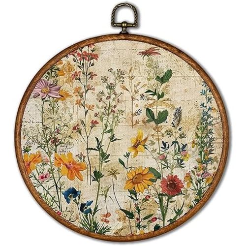 KSDUT Boho Flower Floral Wall Decor Art - Botanical Neutral Wall Art Canvas Frame Hanging Prints, Vintage Landscape Wildflower Round Wall Art Decor for Home Decorations 10"x10"