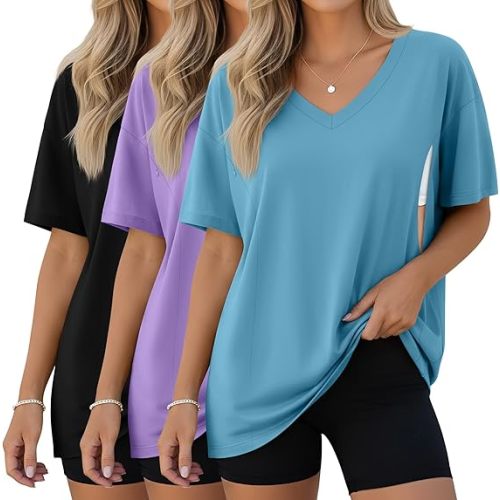 3 Pack Women's Oversize Nursing Shirts for Breastfeeding with Hidden Zippers Loose Fit Short Sleeve Maternity Tops
