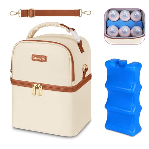 Mancro Double Layer Breastmilk Cooler Bag, Baby Bottle Bag for Daycare Fits 6 Baby Bottles with Ice Pack, Breast Milk Cooler Travel Bag for Working Mom, Cream