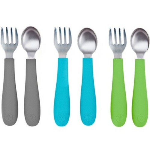WeeSprout Toddler Utensils, 3 Forks & 3 Spoons, 18/8 Stainless Steel & Food Grade Silicone - Bright Blue, Green, Gray