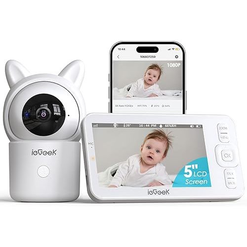 ieGeek Baby Monitor with Camera and Audio, 5" Large HD Display(No WiFi) & 1080P Camera & Free Smart App(WiFi), Upgraded Night Vision/PTZ/2-Way Audio/Auto Tracking Detection Notification and Alert