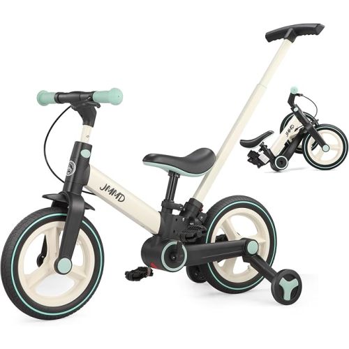 JMMD 6 in 1 Toddler Bike with Push Handle for Kids 18-60 Months, 12" Foldable Balance Bike with Training Wheels, Pedals, Brakes, Kickstand, Push Tricycle Toddler Gift & Toys for Boy & Girl