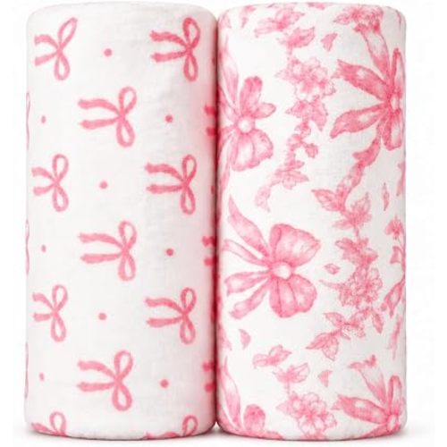 2 Pack Baby Blankets for Boys and Girls, 30 x 40 Inch Soft Flannel Fleece Receiving Blankets, Pink Bow and Floral Print for Newborn Crib Stroller, Baby Boy Girl Essentials