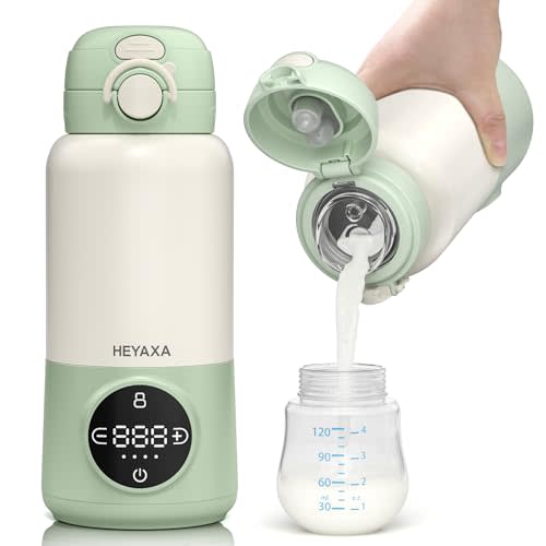 HEYAXA Portable Bottle Warmer for Travel, 15oz Capacity Baby Bottle Warmer with Fast Heating, 12000mAh Battery & Fast Charger, Pasteurization for Hygiene, Precise Temp Control, Leak-Proof