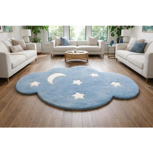 Blue Cloud Moon Star Rug | Kids Nursery Carpet | Soft Hand Tufted Wool Area Rug for Baby Room, Playroom & Modern Home Decor