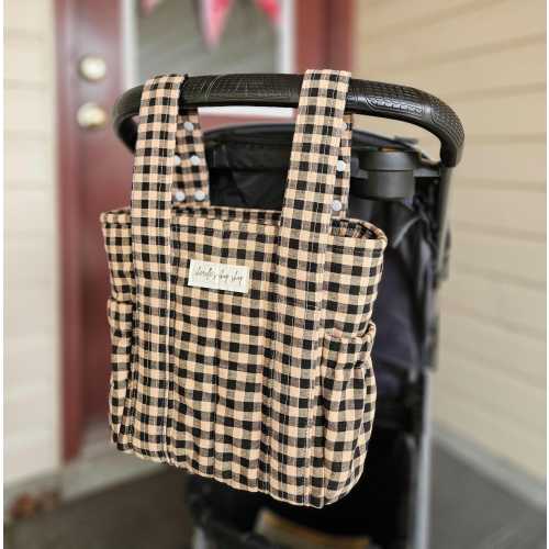 Black and Tan Gingham Quilted Stroller Bag Organizer • Handmade Pram Caddy • Slip Pockets • Zipper Closure