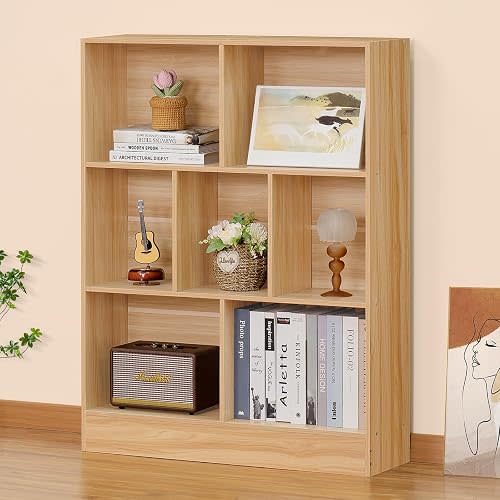 LEYAOYAO 7 Cube Bookshelf with Base,3 Tier Mid-Century Modern Natural Bookcase,Standing Wide Bookshelves Storage Organizer Shelf,Rustic Wood Display Cabinet Book Shelves for Bedroom,Living Room,Office