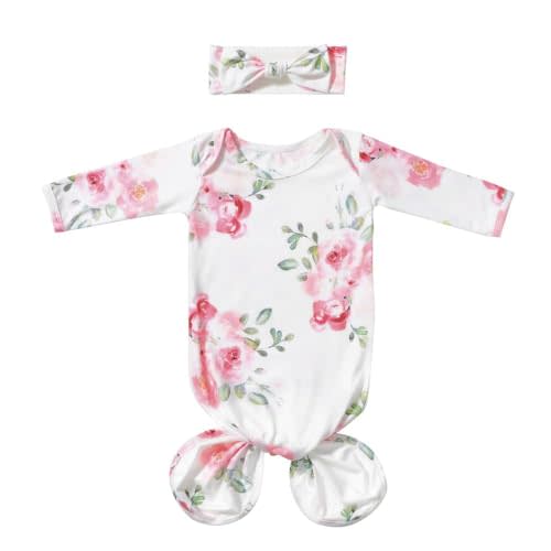 Mikccer Baby Knotted Gown Newborns 0-6 Months, Soft Breathable Newborn Sleeper Gowns, Baby Girl Coming Home Outfit Essential Gift Watercolor Floral with Headband Set
