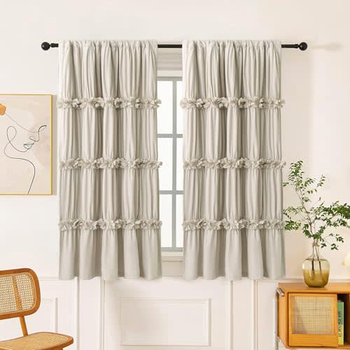 Thermal Insulated Blackout Window Curtains, 42" W x 63" L (Pair), Boho Ruched Window Treatments with 3 Rows of Butterfly Flowers, Rustic Rod Pocket Drapes for Room, Camel (LQ-30)