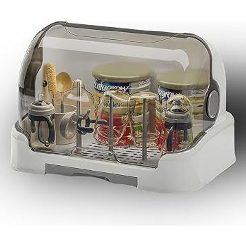 Baby Bottle Drying Rack Storage, Nursing Bottle Storage Box Organizer with Cover, Portable Kitchen Cabinet Organizer, Durable countertop Dryer (Grey)