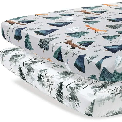 Pobi Baby - 2 Pack Premium Pack N Play Sheets Fitted for Standard Pack and Plays and Mini Cribs - Ultra-Soft Cotton Blend, Stylish Animal Woodland Pattern, Safe and Snug for Baby