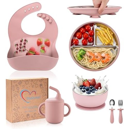 Toddler Plates and Bowls Set Stainless Steel - Bathchef Baby Feeding Set Strong Suction, BPA Free Durable Divided Plates, Safe Self Baby Feeding Utensils,Cup,Spoon,Fork,Dishwasher Safe,6pcs,Pink