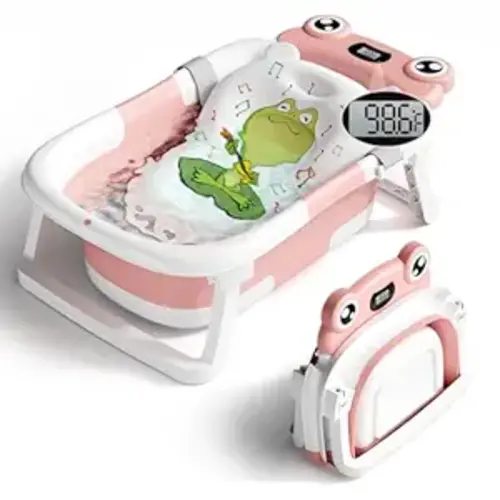 BUNWAG Baby Bathtub, Collapsible Newborn Bathtub for Infant to Toddler with Soft Cushion and Thermometer,Portable Travel Newborn Tub with No-Slip Feet, Baby Shower Gifts, 0-12 Months Baby Bath, Pink