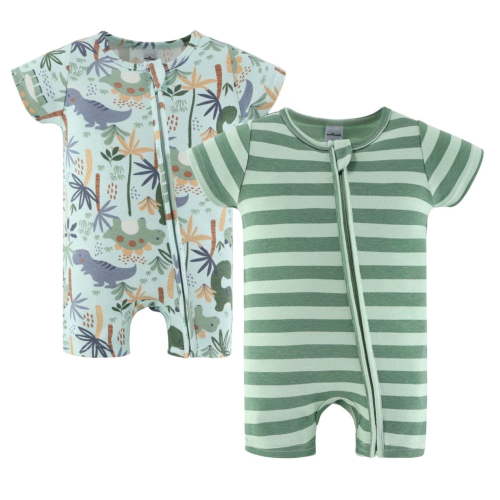 The Peanutshell Baby Rompers Set, Baby Boy Rompers for 12 Months, Green Dino Design, 2-Pack