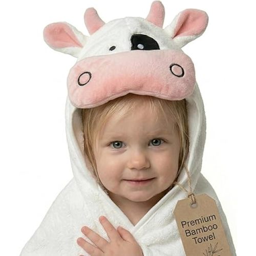 POCASOPA Hooded Towel with Cute Cow Vaquita Design - Rayon Made from Bamboo - Premium Baby Gift - Ultra Soft, Absorbent & Hypoallergenic - Large 35x35” Organic Towel for Newborns, Toddlers & Kids