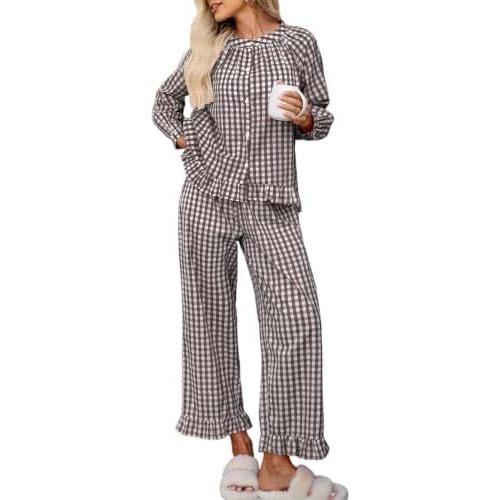 WOWULOVELY Gingham Pajamas for Women Cotton Ruffle Long Lounge Sets