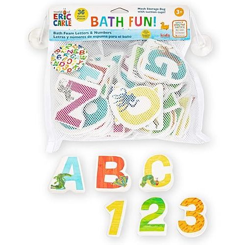 Kids Preferred World of Eric Carle Bath Time 36 Piece Foam Bath Toys Letters and Numbers Set for Toddlers and Mesh Bag Perfect for Water Play Ages 3 and Up