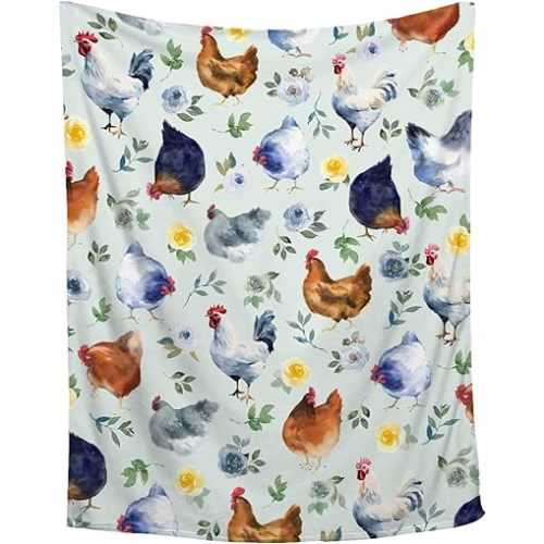 Floral Chickens Throw Blanket,Super Soft Flannel Blankets Gifts,Warm Lightweight Cozy Plush Rooster Fleece Blankets,Funny Colorful Flower Chicken Blanket for Women,Baby Size-30"x40"
