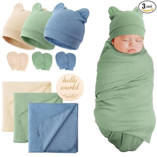 BQUBO 3 Sets Cotton Baby Swaddle Blankets Swaddling Wrap with Hats Mittens Newborn Soft Silky Nursery Receiving Blanket Cute Bear Ears Hat Elastic Gloves Set for Unisex Baby 0-3 Months