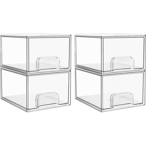 Vtopmart 4 Pack Stackable Makeup Organizer Storage Drawers, Acrylic Bathroom Organizers,Clear Plastic Storage Bins For Vanity, Undersink, Kitchen Cabinets, Pantry, Home Organization and Storage